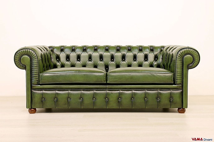 Divano Chesterfield vintage in pelle verde originale